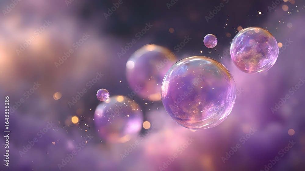 Poster magical soap bubbles floating in purple dreamy atmosphere with glowing particles and bokeh lights cr