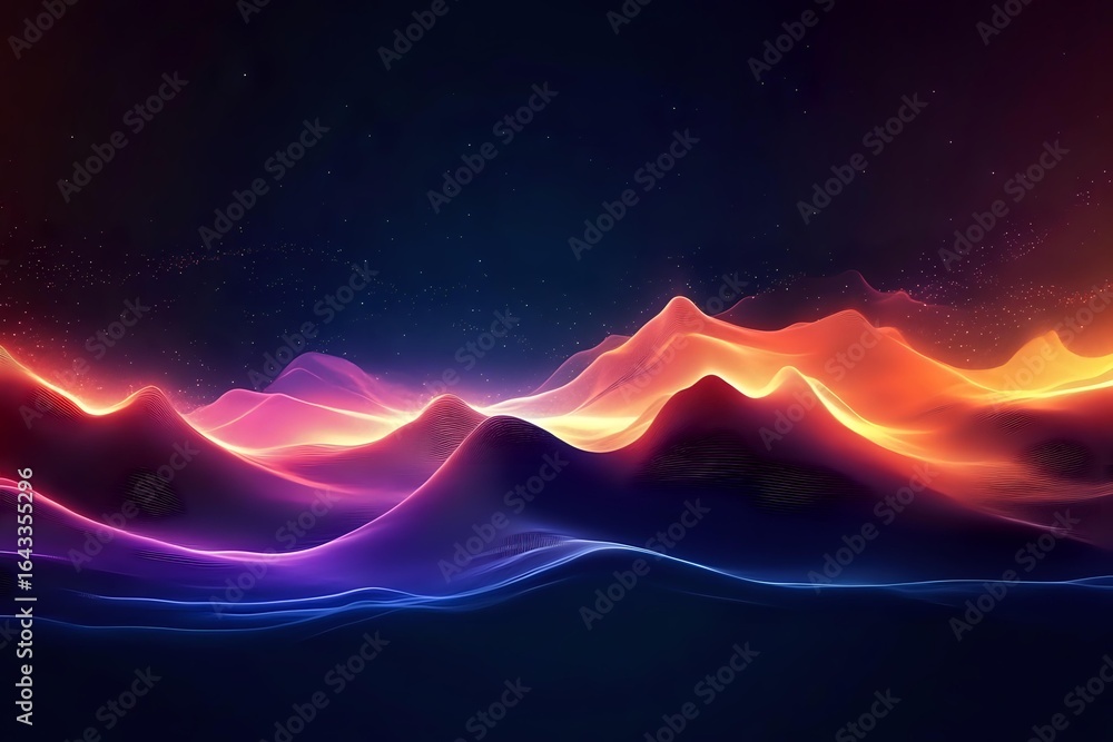 Poster vibrant glowing waves in orange, purple and blue colors create dynamic abstract background with smoo