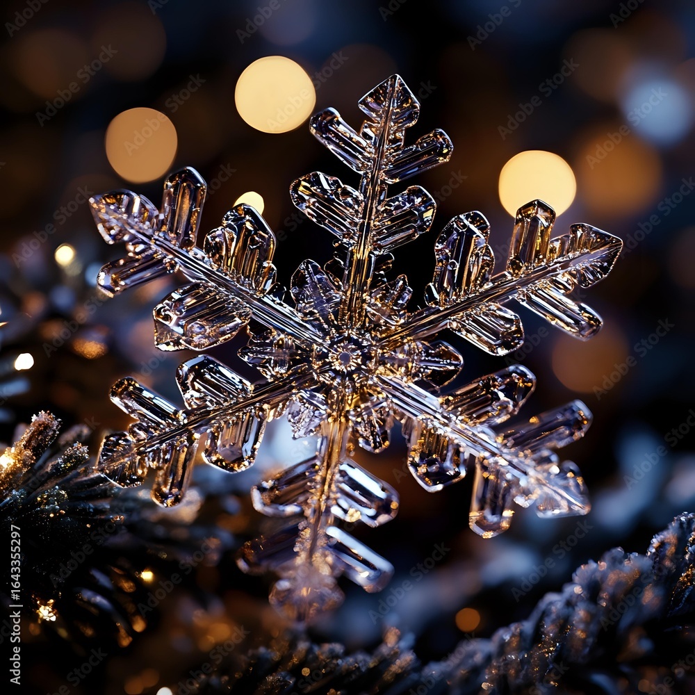 Poster macro photograph of delicate snowflake crystal with intricate patterns and symmetrical branches agai