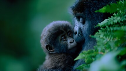 Baby mountain gorilla looking up at parent in lush green forest environment, showing tender family moment and natural behavior in wildlife setting.