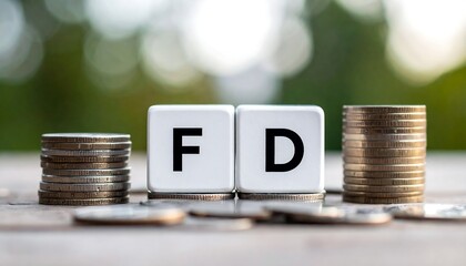Two white cubes with "FD" and stacks of coins on a wooden surface, blurred green background