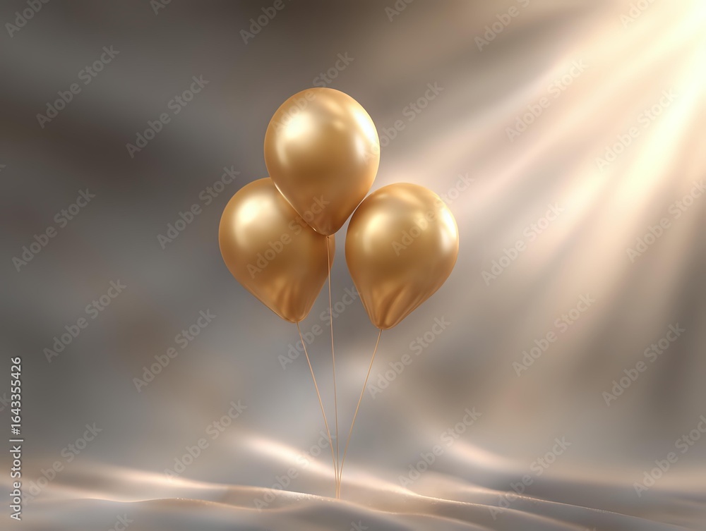 Poster elegant golden balloons floating against soft gray background with dramatic light rays creating luxu