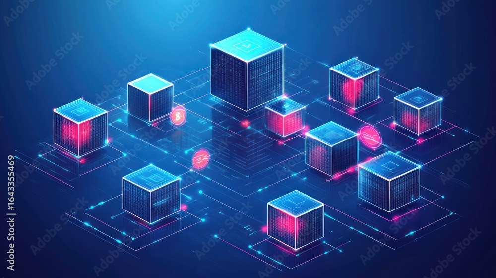 Poster abstract technological design featuring interconnected cubes and networks