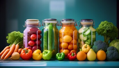 colorful jars filled with fresh vegetables and fruits showcase h