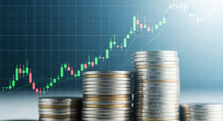 Accumulating Wealth and Investment Returns Stacks of Coins with a Rising Stock Chart Overlay Representing Financial Growth and Investment Success