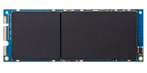 Blue circuit board with memory chips isolated on a transparent background flash storage