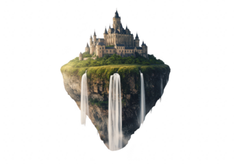 Majestic medieval fantasy castle perched atop a lush green floating island with cascading waterfalls, isolated on transparent background