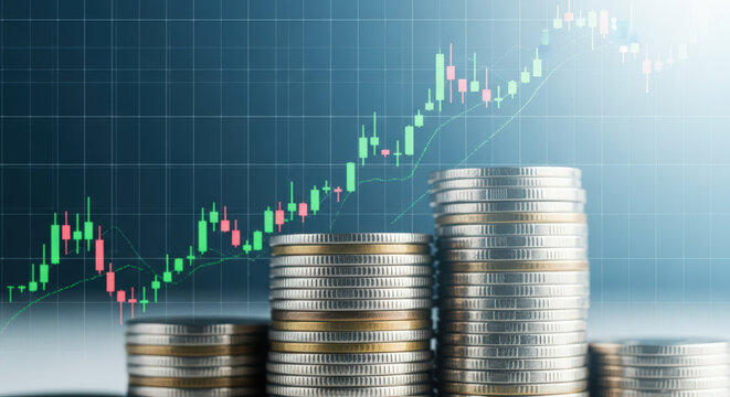 Accumulating Wealth and Investment Returns Stacks of Coins with a Rising Stock Chart Overlay Representing Financial Growth and Investment Success