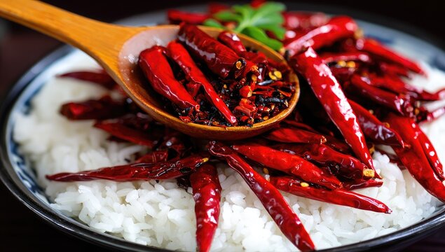 Wooden spoon holding dried red chilies over white rice - Powered by Adobe