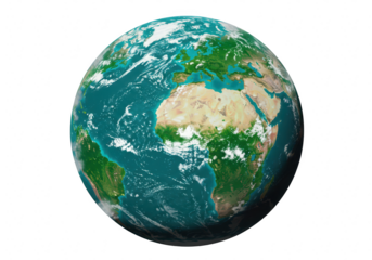 The earth, our planet, a vibrant blue and green globe with swirling white clouds, isolated on a transparent background, representing our world and universe