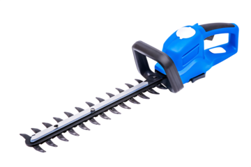 Blue electric hedge trimmer sharp blades isolated on a transparent background handle