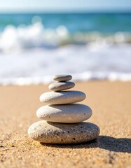 Perfectly balanced stack of smooth stones on a serene sandy beach. Gentle ocean waves and a peaceful shoreline create a tranquil image of Zen and harmony
