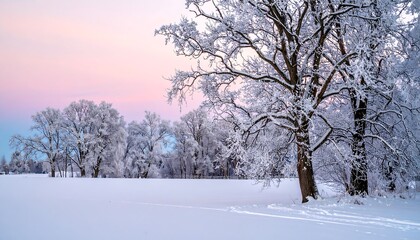 Winter landscape with snow covered trees and field under a pink and blue sky image