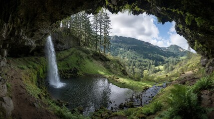 Fototapeta premium Hidden Waterfall In Lush Green Mountain Valley