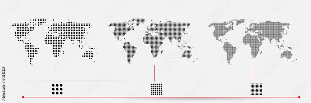 Poster set of flat earth world maps with dots in different resolution. round pixel pattern. modern digital 