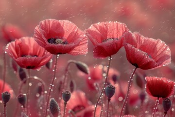 Close up of dewy red poppy flowers with generous space for design elements and textual content