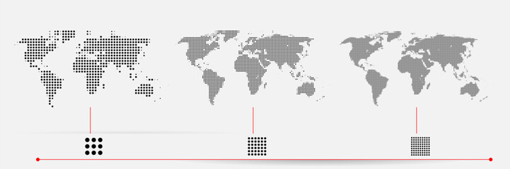 Set of flat earth world maps with dots in different resolution. Round pixel pattern. Modern digital globe. Black dots on white background. Worldmap template for website, infographics, design.