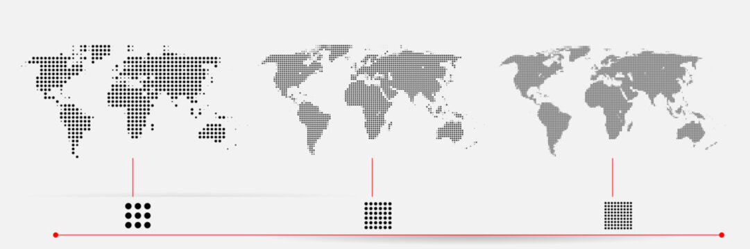 Set of flat earth world maps with dots in different resolution. Round pixel pattern. Modern digital globe. Black dots on white background. Worldmap template for website, infographics, design.