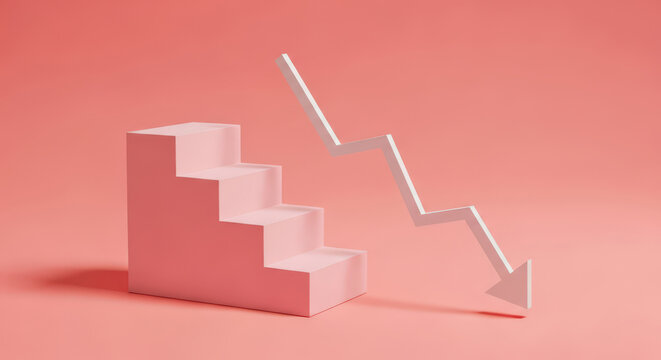Conceptual Decline Illustration with Steps and Arrow Depicting Economic Downturn and Market Crash on a Pink Background, Representing Financial Loss and Recession