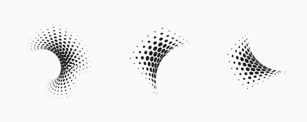 Set of dotted curved abstract shapes. Dotted pattern in halftone theme. Curved and twisted abstract gradients. Vector design element in black and white color.