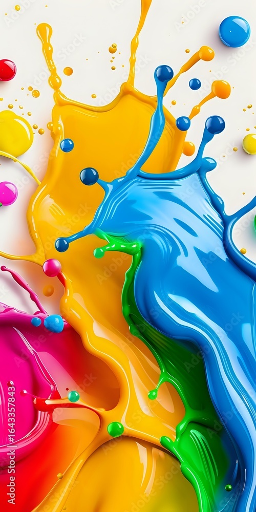 Poster vibrant paint splashes and drops in motion creating dynamic abstract composition with yellow, blue, 