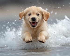 Happy Golden Retriever puppy playing in water splash with joyful expression, snow or water drops flying around creating magical atmosphere for pet photography.