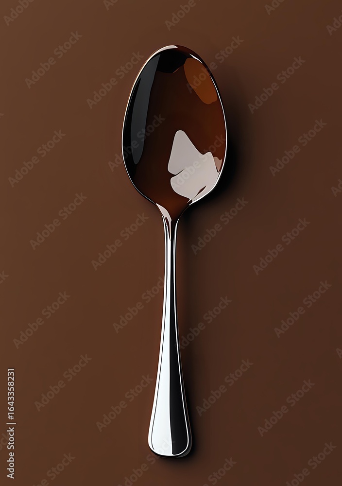 Aufkleber Shiny silver spoon on brown background with reflection, minimalist composition showing metallic texture and elegant design for culinary and dining concepts.