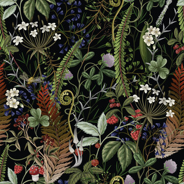 Seamless vector pattern of autumn forest plants, wild berries, clovers, herbs, ferns, and mushrooms