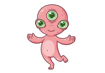 Cartoon Pink Alien with Three Green Eyes and a Friendly Smile