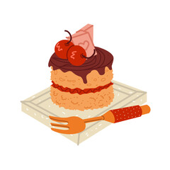 Christmas cake. Baked sponge dessert for Xmas sweet dessert. Winter holiday pie. New Year food. Flat vector illustration isolated on white background