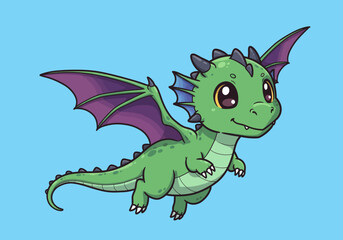 Obraz premium Cute Cartoon Green Dragon Flying with Purple Wings