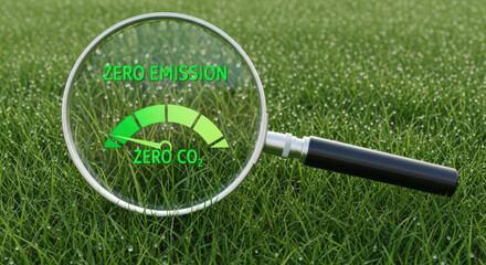 Zero Emission Concept with Magnifying Glass Focusing on Green Gauge and Text on Grass Symbolizing Environmental Sustainability and Carbon Neutrality Initiatives