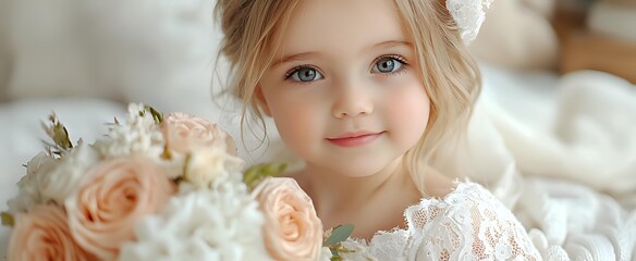 Naklejka premium Young girl with blue eyes wearing white lace dress, surrounded by soft pink roses and white flowers, gentle smile in natural light setting creates dreamy atmosphere.