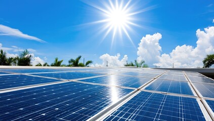 Solar panels under a bright blue sky