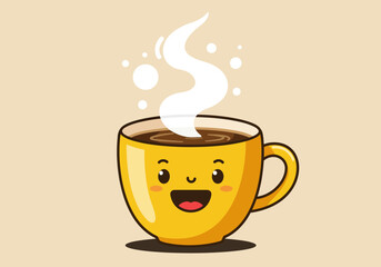 Smiling Yellow Coffee Cup with Steam Cartoon Illustration