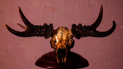 Fototapeta premium Majestic Moose Antlers Mounted on a Polished Wooden Display Base