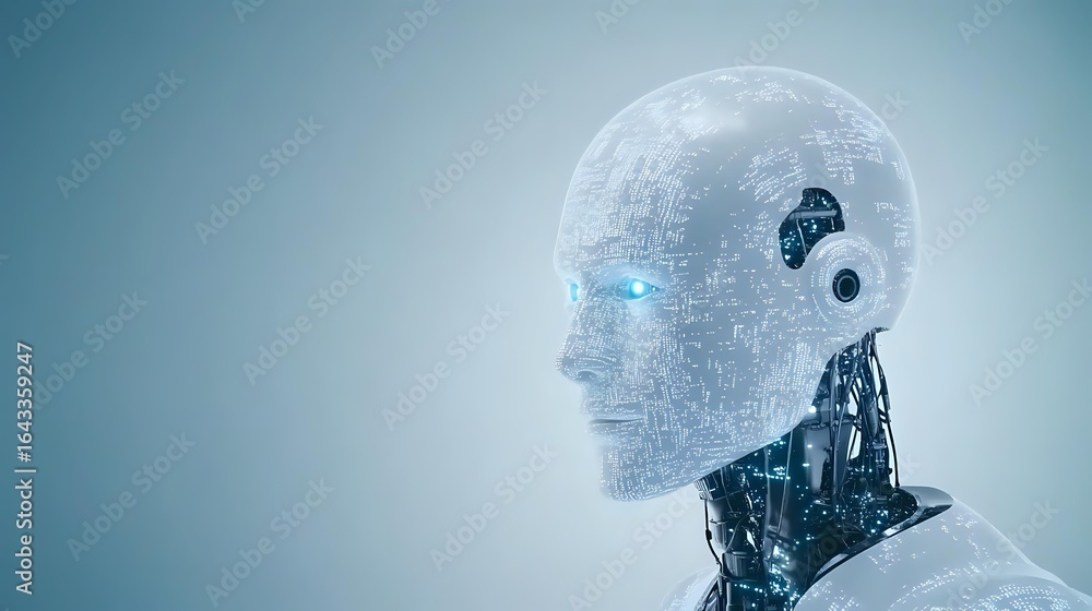 Poster glowing translucent humanoid head with digital network pattern and robotic neck elements against sof