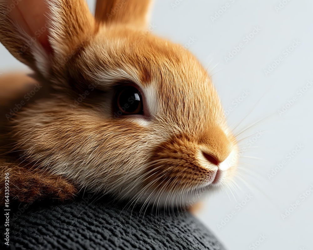 Poster close-up portrait of adorable ginger rabbit with soft fur and dark eyes resting on dark textured sur