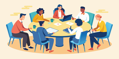 Meeting with five professionals discussing strategies at round table, flat vector corporate teamwork concept illustration