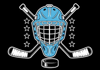Vintage ice hockey emblem with a goalie mask, crossed sticks, a puck, and stars. Vector sport logo illustration.