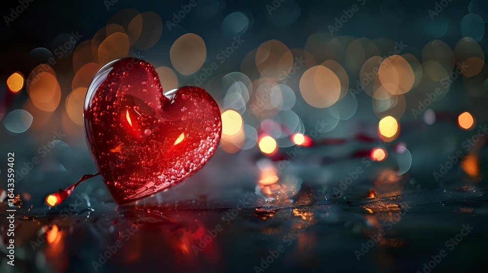 Poster red glittering heart on wet reflective surface with blurred bokeh lights creating romantic atmospher