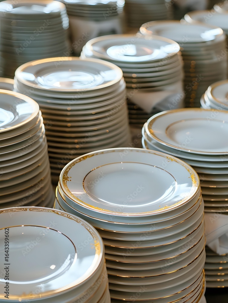 Aufkleber stacks of elegant white porcelain dinner plates with delicate gold trim arranged in neat piles, crea