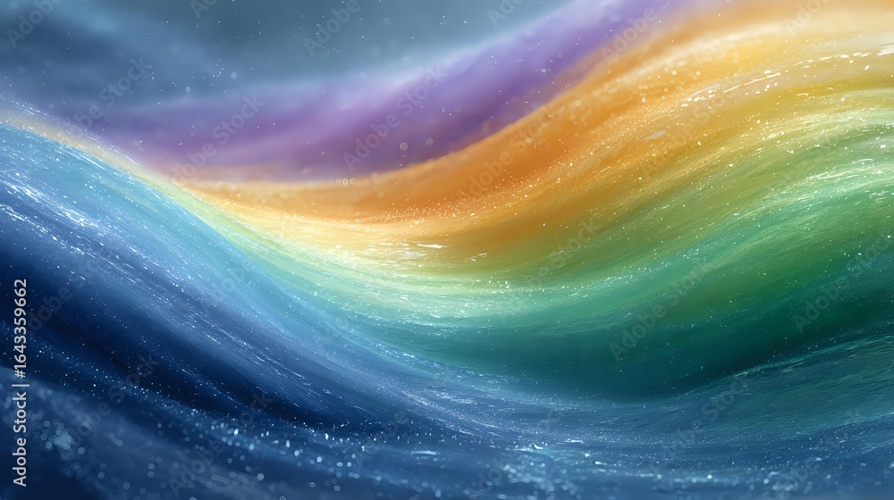 Poster vibrant flowing waves of rainbow colors with sparkling particles create dynamic abstract background 