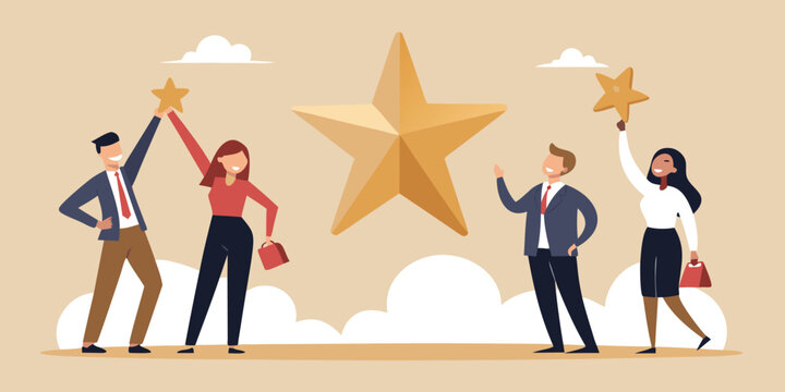 Businesswoman holding giant gold star while colleagues applaud, flat vector corporate achievement recognition concept illustration