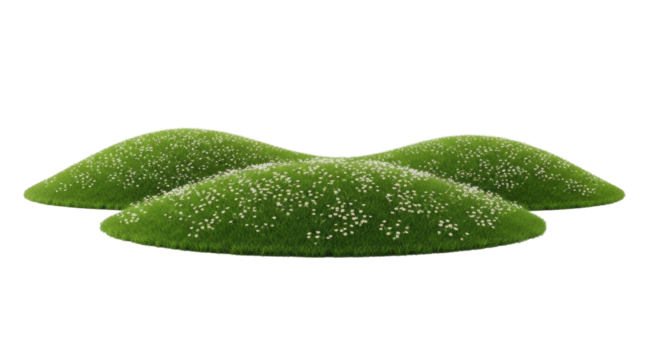 Lush green rolling hills with scattered white wildflowers like daisies, on a pristine studio transparent plain, no shadows, slightly high-angle, ultra-realistic commercial photo. Concept of nature's