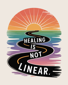 A winding road to healing under a vibrant rainbow sunset symbolizing a non linear journey T Shirt Design