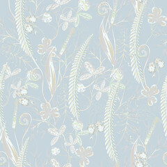 Seamless vector pattern of autumn forest plants, wild berries, clovers, herbs, ferns, and mushrooms