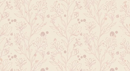 Elegant seamless floral pattern with delicate hand-drawn wildflowers and botanical elements on a pastel pink background.