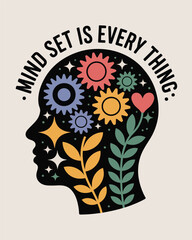 Creative mindset illustration featuring gears flowers and stars inside a human head T Shirt Design
