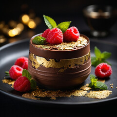 Decadent chocolate dessert with fresh raspberries and edible gold leaf